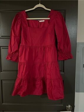 NEW Day + Moon Red Square Neck Tiered Babydoll Mini Dress Puff Sleeve Size Med